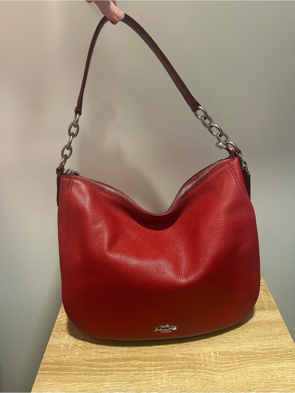 Coach Red Pebbled Leather Shoulder Bag with Chain Strap